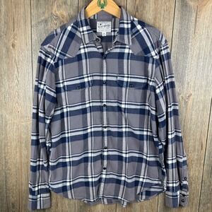 Lucky Brand Saturday Stretch Grey Navy Plaid Western Flannel Snap Shirt Medium